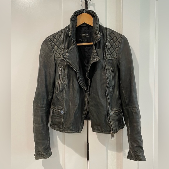 All Saints Cargo Biker Leather Jacket - Distressed Black Leather size 2 - Picture 9 of 13